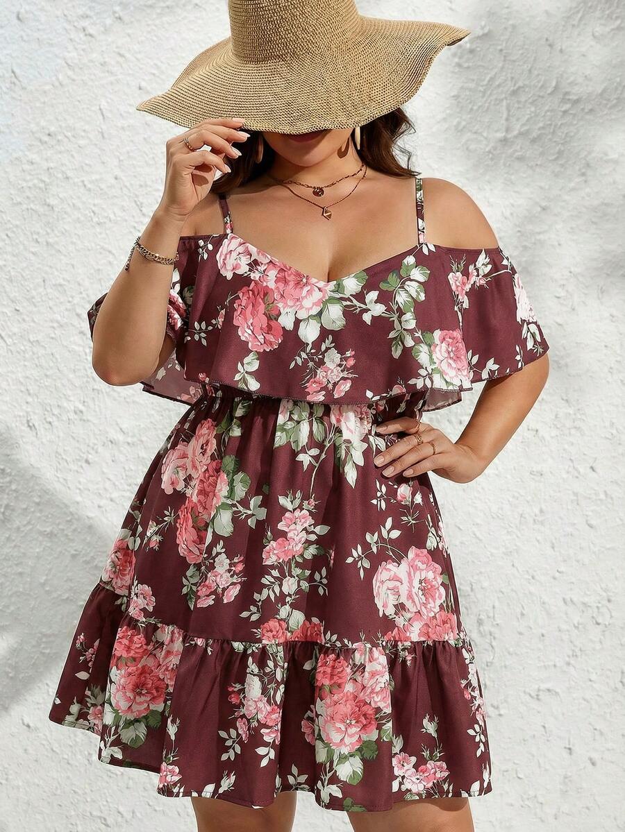 SHEIN VCAY Đầm dự tiệc/hẹn hò thời trang trễ vai xếp nếp in hoa dành cho nữ cỡ lớn - Màu Đỏ Sâu - Xem 1