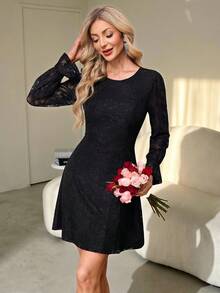 SHEIN Clasi 女士优雅蕾丝荷叶边袖收腰短款派对连衣裙，适合春季、夏季、秋季、情人节穿着。 - 黑色 - 查看 4