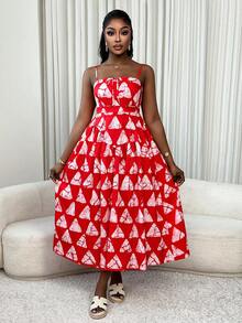 Xyvia 女士红白数码几何印花吊带束腰喇叭连衣裙，休闲度假风，活力四射，适合狂欢节、劳动节、复活节、返校派对、海滩度假、旅行、夏季街头风等场合。春夏新款必备时尚小众设计，百搭吊带束腰喇叭连衣裙。 - 紅白色 - 查看 6