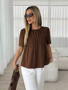 Easowa 休闲通勤纯色短袖衬衫，夏季 - 巧克力棕 - 查看 5