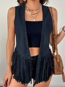 SHEIN VCAY Chaleco/chaqueta de mujer talla grande con estilo boho y western, de unicolor, con parches y flecos en el bajo, de apertura frontal, para usar en verano y otoño/invierno - Azul Marino - Ver 1