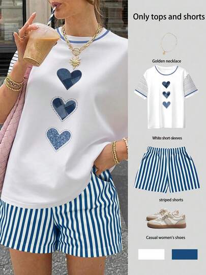 EMERY ROSE Women's Summer Casual Vacation & Commute Heart & Stripe Print Short Sleeve T-Shirt And Shorts 2-Piece Set