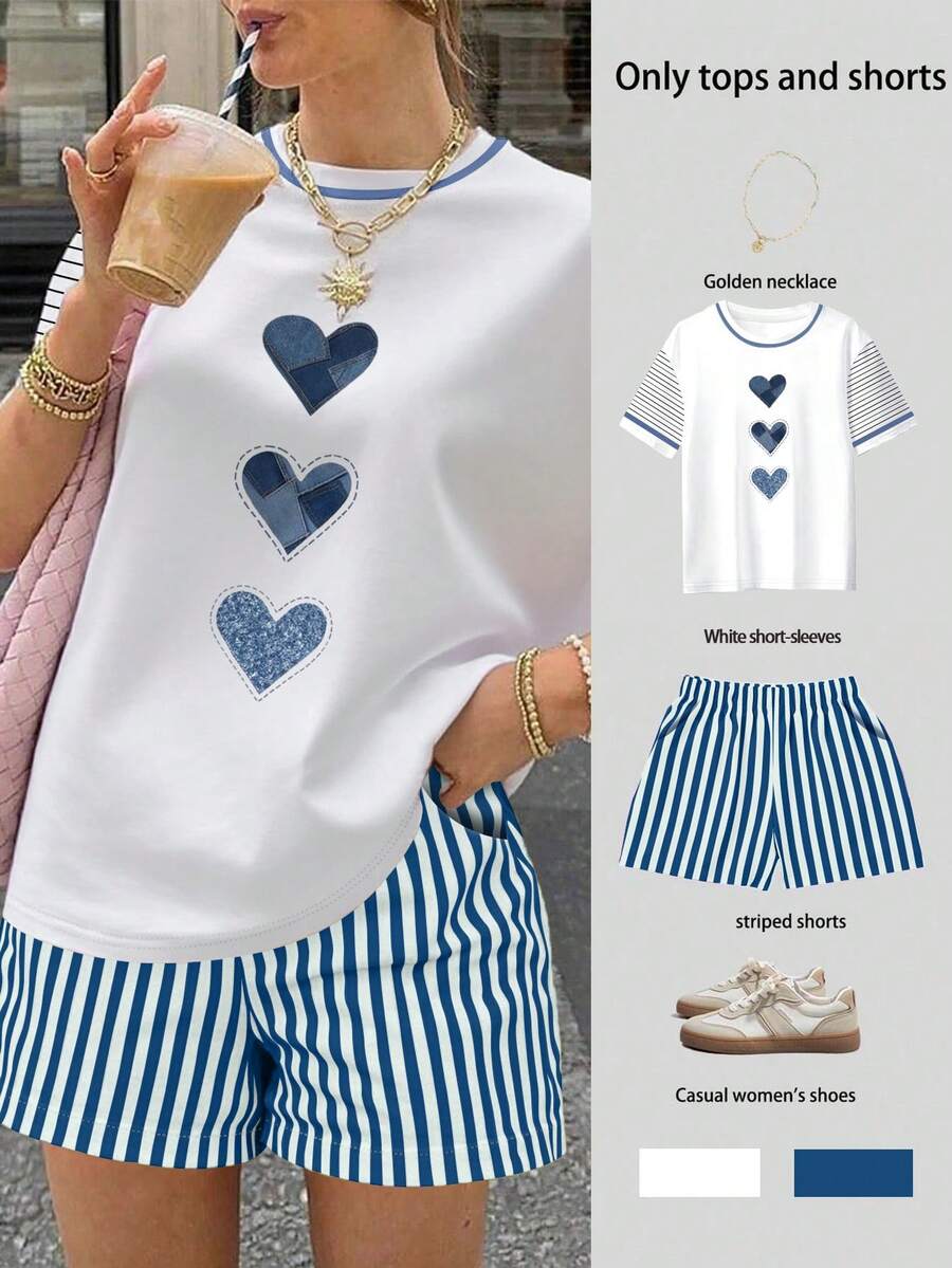 SHEIN LUNE 女士夏季休闲度假通勤爱心条纹印花短袖T恤和短裤两件套 - 藍色 - 查看 1