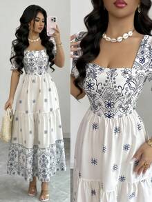 Elenzga Vestido de línea A con cintura ceñida, cuello cuadrado y estampado, elegante para vacaciones, uso diario, de manga corta - Multicolor - Ver 1