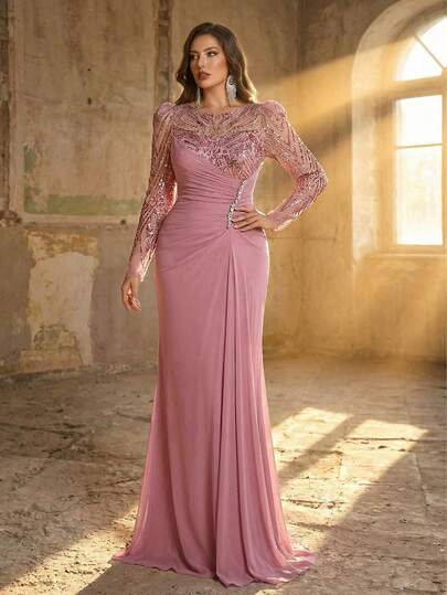Aureia Plus Size Elegant Romantic Dark Pink Round Neck Sheer Long Sleeve Luxury Sequin Patchwork Elastic Mesh Ruched Waist Dress, Suitable For Influencer Wedding, Party, Celebration, Brown Evening Gown (Heavily Embellished Design)
