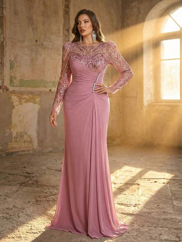 Aureia Plus Size Elegant Romantic Dark Pink Round Neck Sheer Long Sleeve Luxury Sequin Patchwork Elastic Mesh Ruched Waist Dress, Suitable For Influencer Wedding, Party, Celebration, Brown Evening Gown (Heavily Embellished Design) Long Sleeve Formal Dress Mother Of The Bridal Dress Evening Gala Dress Elegant Mother Of Groom Dress