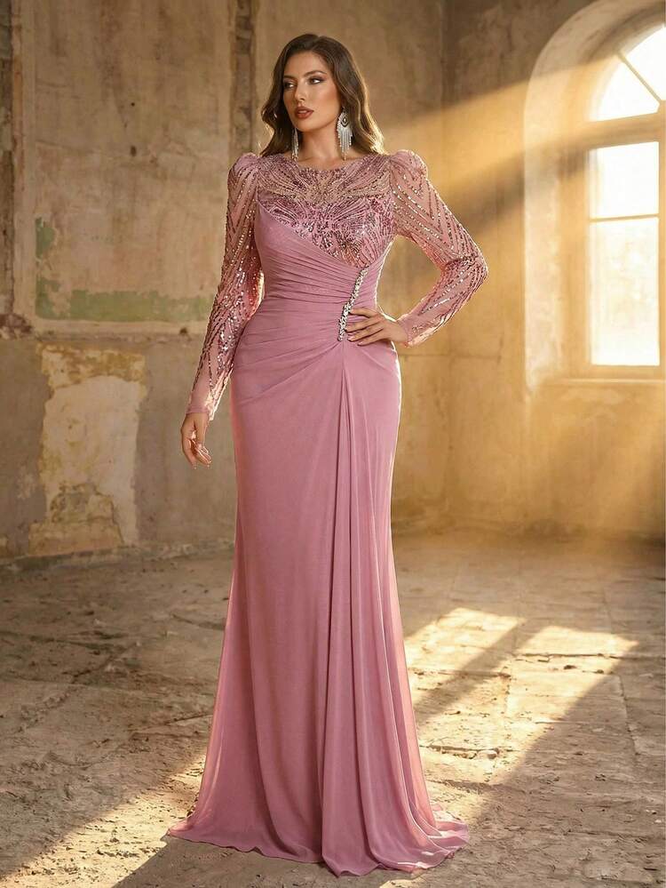 Aureia Plus Size Elegant Dusty Pink Spring Formal Evening Prom Dress,Sequin Patchwork Sheer Long Sleeve Mesh Ruched Waist Gala Gown For Wedding Party