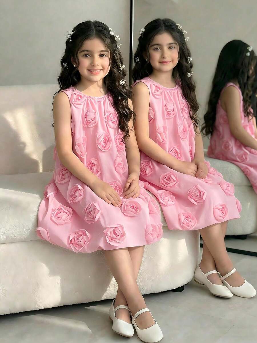 Vestido de tirantes elegante, dulce y lindo de color rosa para niña, de verano - Rosa - Ver 1