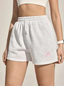 Exploreva Exploreva Damen Shorts mit Buchstaben-Muster, Kordelzug Taille, Outdoor Shorts zum Joggen für Damen, Damen Sweat Shorts - Grau - Übersicht 1