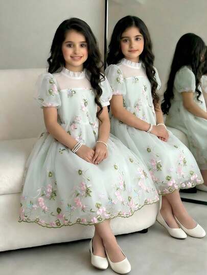 Young Girls' Elegant Puff Sleeve Rose Jacquard Lace Mesh Princess Dress, Girls' Summer Dress, New Fashionable Fairy Dress, Single Piece Set