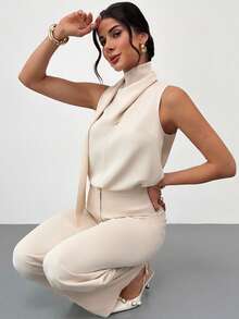 Firerie Women's Elegant Minimalist Fashion Commuter Urban Chic New Daily Casual Flowy Collar Sleeveless Blouse And High Waist Long Pants Apricot 2-Piece Set - Apricot - View 3