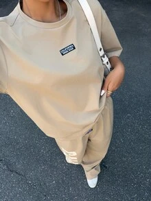 Muchica Women's Summer New Letter Print Knit Casual Loose Short Sleeve T-Shirt And Pants Set - Khaki - View 4