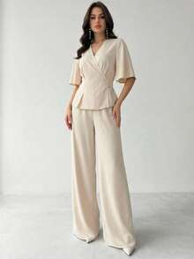Firerie Women's New Niche Design Elegant Business Casual Commute Versatile Surplice V-Neck Flutter Sleeve Belted Top And Elastic Waist Wide Leg Pants Set - Apricot - View 4