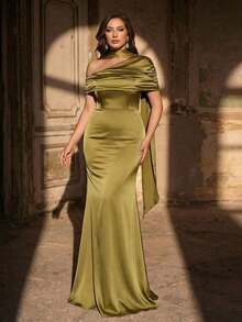 Aureia Đầm cỡ lớn thanh lịch, lãng mạn, gợi cảm, màu xanh quân đội, chất liệu satin co giãn, cổ bất đối xứng, kiểu yếm, đuôi cá có tà dài, thích hợp cho các buổi tiệc sinh nhật, đám cưới, phù dâu, lễ hội, tiệc tùng, sinh nhật. - màu xanh lá - Xem 8