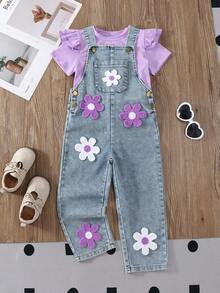 Elladie kids 新款4-7岁女童春夏圆领短袖T恤和牛仔背带裤套装，刺绣贴片设计，适合休闲、度假、上学、户外活动 - 彩色 - 查看 7