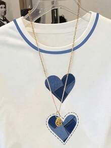 Resyla Y2K风格心形图案休闲T恤 甜美心形贴布撞色短袖上衣 时尚蓝色心形图案条纹短袖夏季T恤 可爱心形贴花撞色领休闲T恤 - 白色 - 查看 4