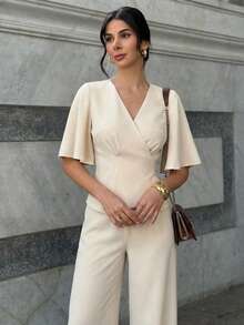 Firerie Women's New Niche Design Elegant Business Casual Commute Versatile Surplice V-Neck Flutter Sleeve Belted Top And Elastic Waist Wide Leg Pants Set - Apricot - View 2