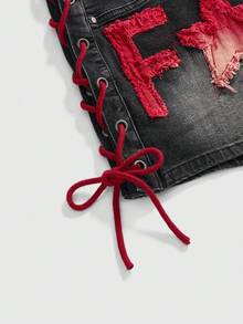 ROMWE J-Fashion Quần short denim nữ cỡ lớn mùa hè kiểu dáng thường ngày, thêu chữ, trang trí dây xích, buộc chéo. - Xám - Xem 4