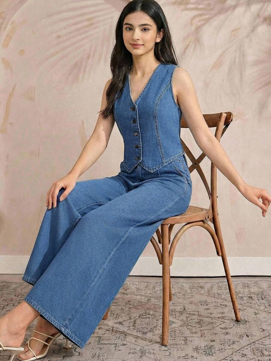 2 Peças Conjunto de Roupas Streetwear Versátil de Design Vintage Y2k Legal e Confortável para Meninas Adolescentes, Jaqueta Denim Curta Solta e Confortável e Calça Denim Plissada Confortável, Roupas Diárias e Roupas de Primavera a Verão para Meninas Adolescentes e Crianças, Roupas de Streetwear para Festivais e Raves - Azul - Visão 1
