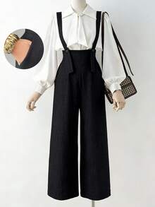 Elenzga New Arrival Black Herringbone Linen French Elegant Fashion Design High Cinched Waist Straight Wide Leg Loose Casual Everyday Versatile Jumpsuit For Women - Black - View 8