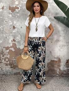 EMERY ROSE 女士纯色圆领短袖上衣和印花阔腿裤套装，夏季两件套 - 黑與白 - 查看 4