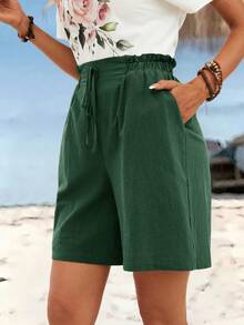 Sylviya 休闲纯色棉麻短裤 - 墨綠色 - 查看 6