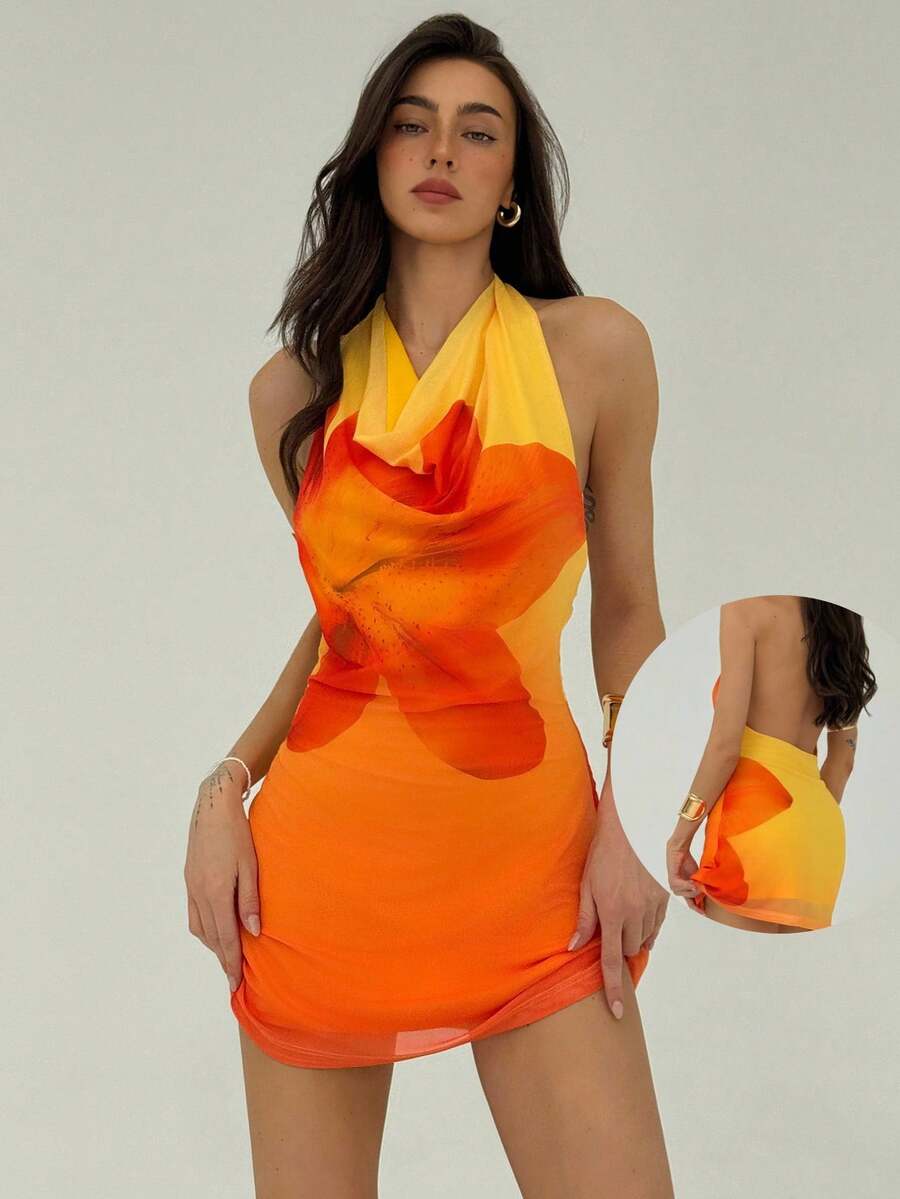 Aloruh Đầm ngắn hở lưng in họa tiết hoa cam cổ yếm ombre Đầm nữ Đầm nữ Đầm kỳ nghỉ mùa hè Trang phục mùa hè Quần áo mùa hè Trang phục bãi biển cho phụ nữ Kỳ nghỉ bãi biển Trang phục kỳ nghỉ Phụ nữ Boho Kỳ nghỉ nhiệt đới Quần áo phụ nữ Kỳ nghỉ nhiệt đới Quần áo phụ nữ Kỳ nghỉ mini cổ tròn in họa tiết hở lưng Bãi biển gợi cảm Đầm cam chuyển màu Hoa loa kèn mùa hè