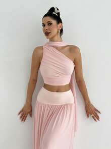 Firerie 女士优雅春夏浪漫海滩度假婚礼宾客伴娘约会派对生日舞会飘逸不对称上衣和高腰薄纱裙两件套，粉色 - 粉色 - 查看 8