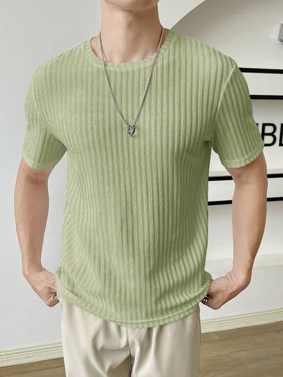 SWAVVY Men's Casual Solid Color Short Sleeve Stretchy Knit T-Shirt, Summer
