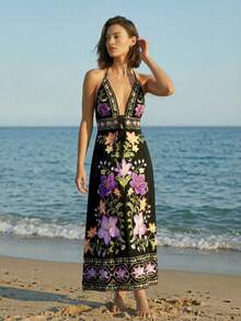 CAJUNI Vestido halter sexy con cuello en V profundo, cintura con lazo y estampado floral, para vacaciones - Multicolor - Ver 4