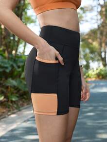 SHEIN In My Nature 女士撞色拼接高腰无缝户外短裤 - 黑色 - 查看 5