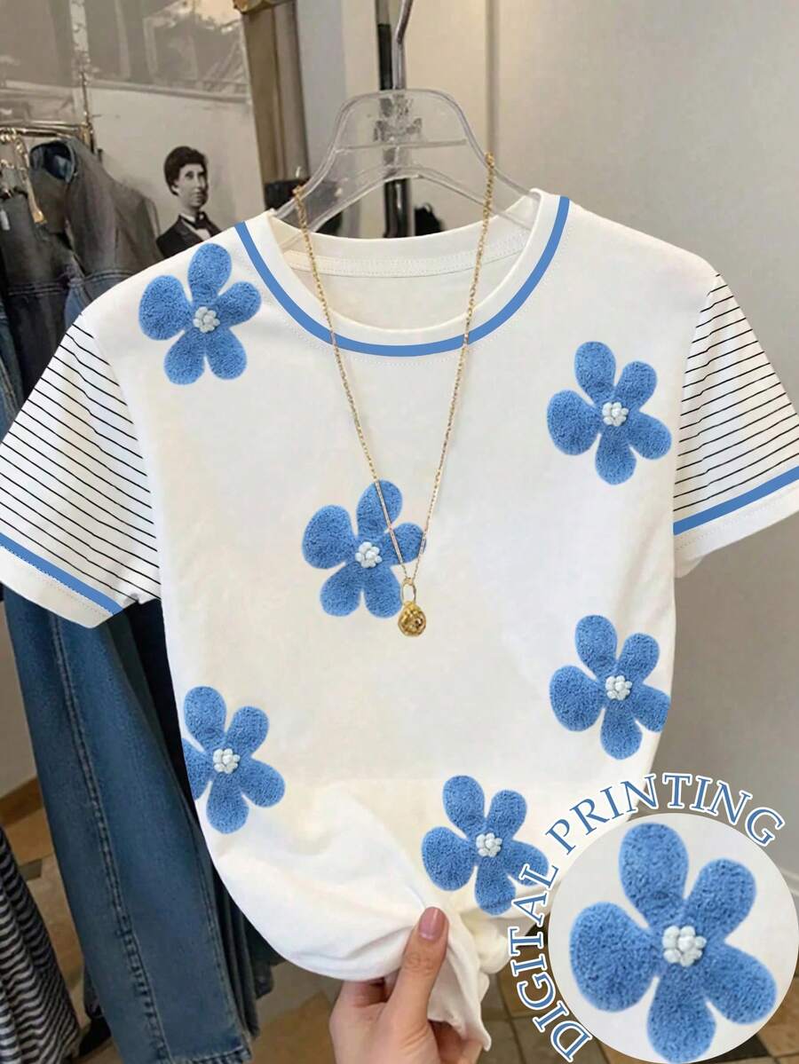 SHEIN 蓝色植绒花朵条纹袖撞色圆领T恤,Y2K美学植绒花卉印花撞色滚边T恤,可爱3D花朵条纹袖休闲夏季T恤,学院风植绒花卉印花撞色领上衣,撞色滚边植绒花朵条纹袖T恤 - 彩色 - 查看 1