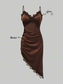 Olithes Đầm slip dài ngang gối thời trang nữ ren phối bèo nhún vạt lệch, thích hợp cho hẹn hò, dự tiệc. - màu nâu - Xem 1