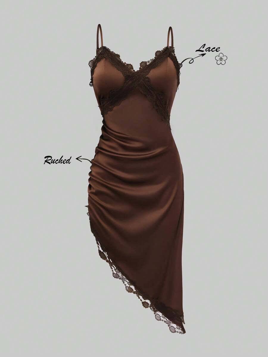 Olithes Đầm slip dài ngang gối thời trang nữ ren phối bèo nhún vạt lệch, thích hợp cho hẹn hò, dự tiệc. - màu nâu - Xem 1
