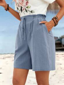 Sylviya Quần short vải lanh màu trơn, kiểu dáng thường ngày. - Màu xanh bụi bặm - Xem 6