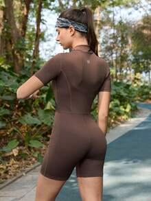 SHEIN In My Nature Women's Solid Color Short Sleeve Fitted Outdoor Jumpsuit Compression Jumpsuit Women Brown Body Suit Brown Workout Romper - Brown - View 4