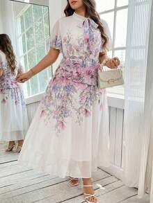 Breezaya 大码印花雪纺系领连衣裙 - 白色 - 查看 3