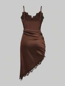 Olithes Đầm slip dài ngang gối thời trang nữ ren phối bèo nhún vạt lệch, thích hợp cho hẹn hò, dự tiệc. - màu nâu - Xem 2