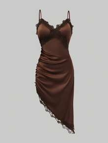 Olithes Đầm slip dài ngang gối thời trang nữ ren phối bèo nhún vạt lệch, thích hợp cho hẹn hò, dự tiệc. - màu nâu - Xem 3