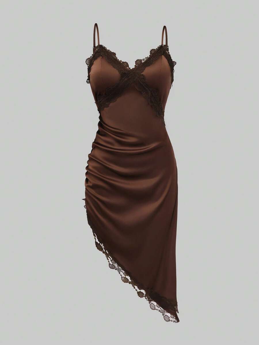 Olithes Women's Lace Patchwork Ruffle Asymmetric Hem Fashion Date Party Mid-Length Slip Dress - Brown - View 1