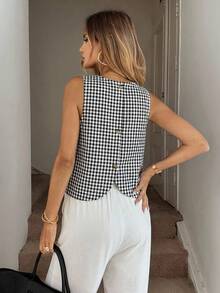 Easowa 休闲女士条纹无袖露脐上衣，后开衩，复古风格 - 黑與白 - 查看 3