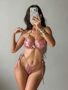 Bonvoyette New Women's Shell Ruched Shiny Tankini Bikini Set Set With Long Skirt - Pink - View 8