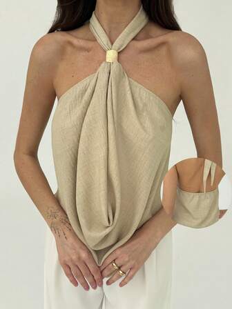 Aloruh Women's Sexy Solid Color Backless Halter Top, Summer Fall  Fall  For Women All S Women Fall S For Women Fall S Autumn Women's Fall Shoulder Top Beige Halter Neck Top With Metal Decorative Buckle New Year's Eve