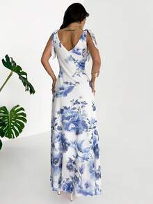 Firerie 女士优雅浪漫端庄假日派对婚礼宾客伴娘沙滩V领蝴蝶结吊带蓝白印花网纱透视长裙，春夏女士连衣裙蓝白印花连衣裙蓝色印花连衣裙女士印花长裙 - 藍白色 - 查看 5