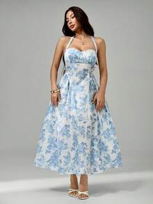 SHEIN PETITE Women's Romantic Floral Print Halter Mid-Length Dress - Blue and White - View 5
