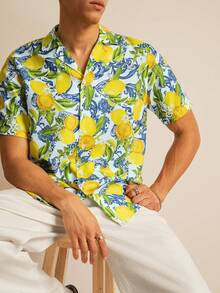 SWAVVY Vacation Style Digital Print Lapel Short Sleeve Button-Up Shirt For Men - Blue - View 3