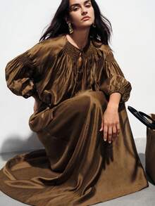 Aveloria Modichic Bộ 2 món gồm áo tay phồng rộng và chân váy dáng suông, chất liệu vải Tencel mỏng nhẹ, kiểu dáng tối giản thoải mái. - Cà phê nâu - Xem 1