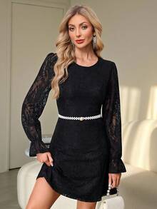 SHEIN Clasi 女士优雅蕾丝荷叶边袖收腰短款派对连衣裙，适合春季、夏季、秋季、情人节穿着。 - 黑色 - 查看 6