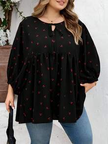 SHEIN CURVE+ Áo thun nữ cỡ US22, họa tiết hoa nhí, cổ dây rút, tay phồng, dáng rộng, thoải mái. - Nhiều màu - Xem 7