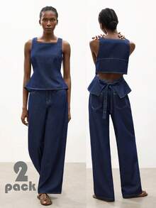 Maija Women's Casual Backless Tie Denim Vest And Pants Set, Summer - Dark Wash - View 1